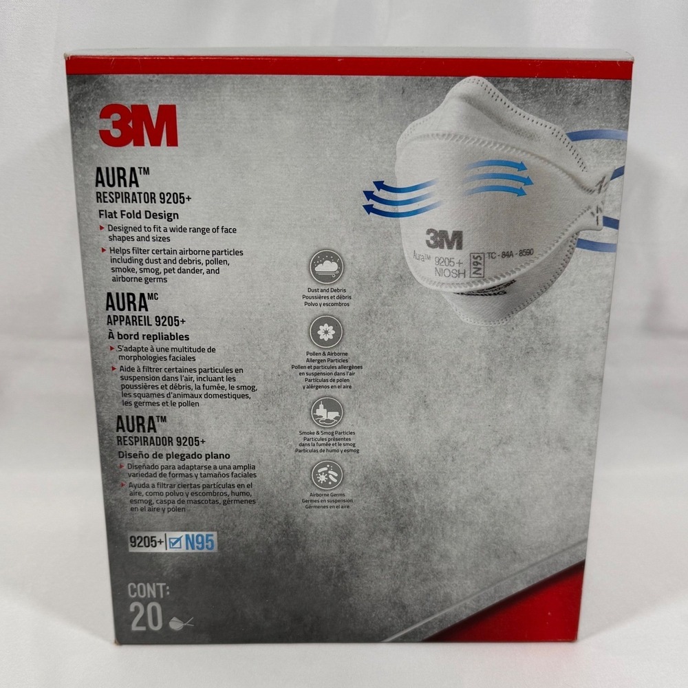 3M Aura 9205+ N95 Respirator Mask 20 Pack White Flat Fold Comfortable Safety